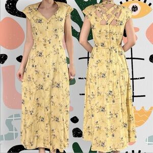 Giorgio Sant Angelo | Vintage Yellow Floral Button Front Tie Back Midi Dress